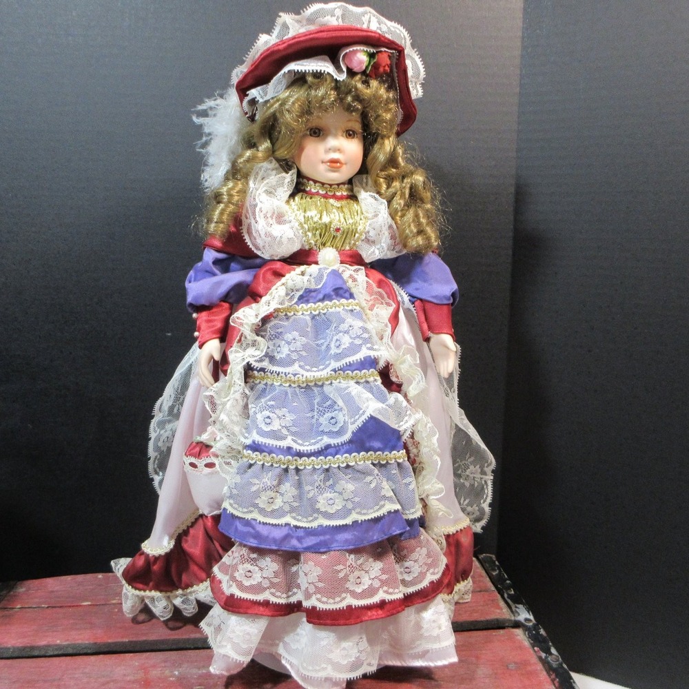VTG Porcelain Doll in Elaborate Victorian Red Purple Lace Gown Hat 17" Tall